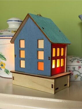 World Market Blue and Red Little Wooden House Lantern Decor Hanging Ornament